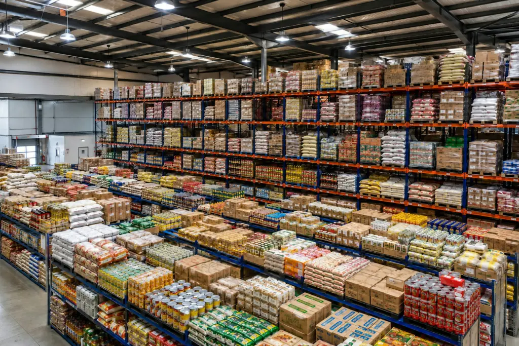 Shelves of packaged goods in a distribution warehouse